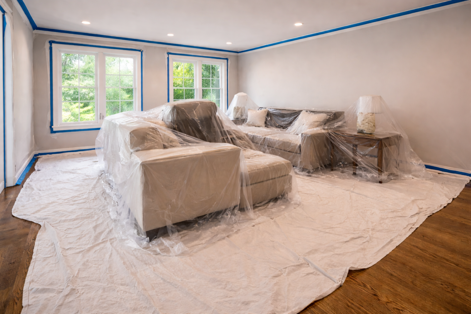 A living room prepared for painting, furniture covered
